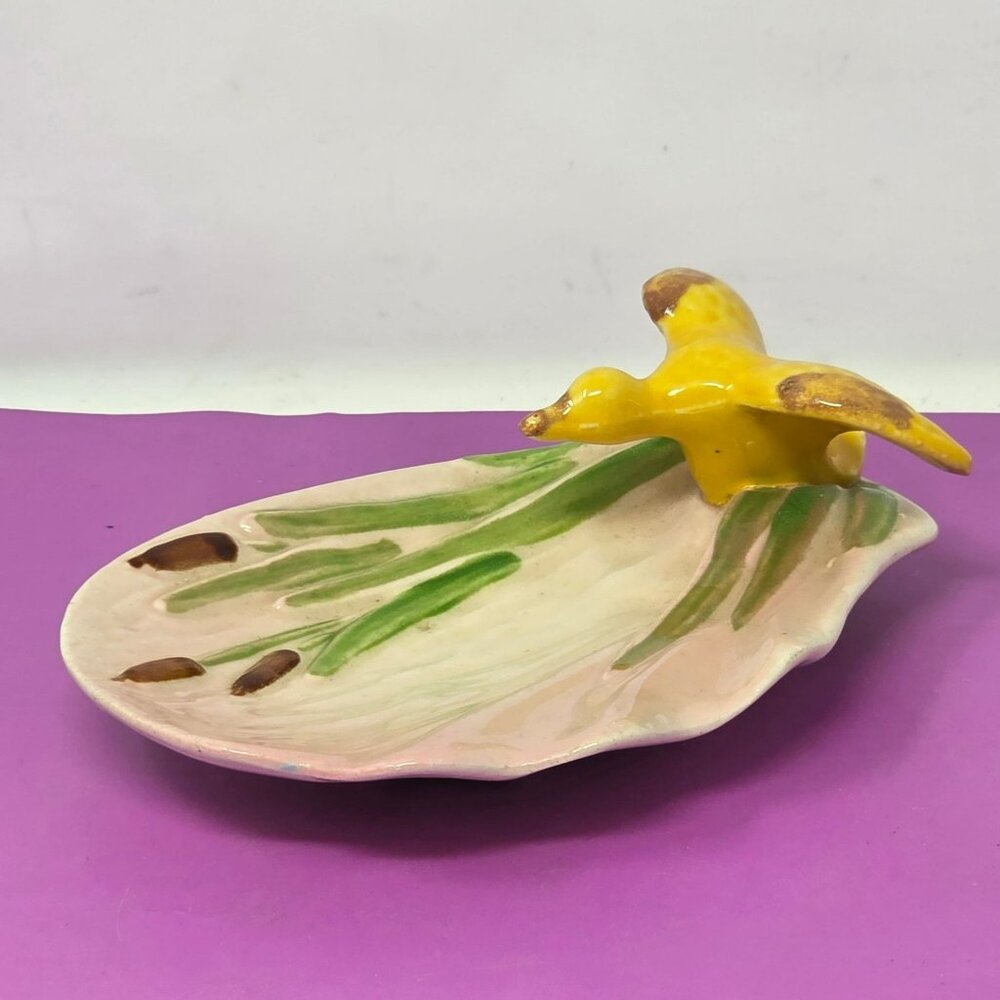 Vintage OPCO Ceramic Bird & Lily Pad  Cattails‎ Trinket Dish